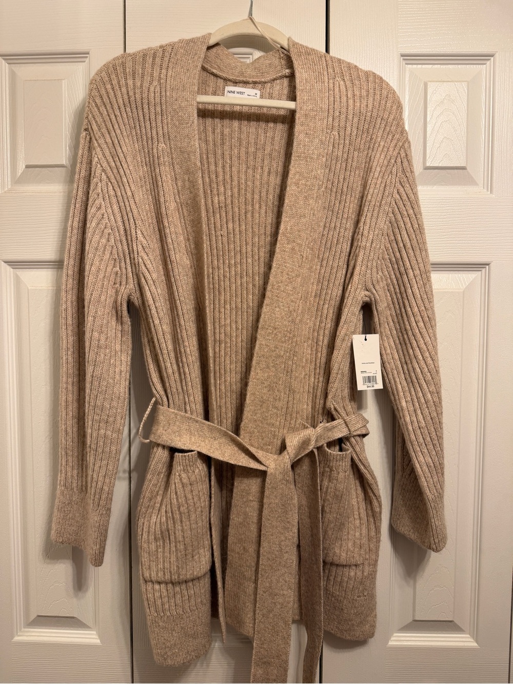 Nine West Tan Ribbed Knit Belted Cardigan